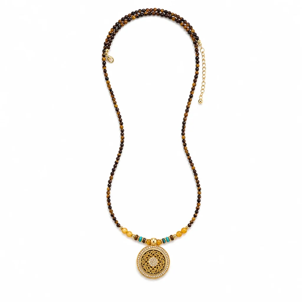 tiger eye necklace women gold pendant on white background