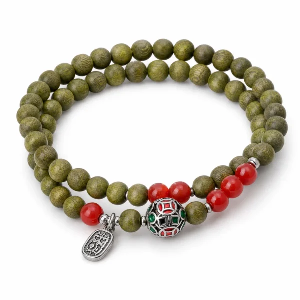 green sandalwood double wrap bracelet red agate on white background