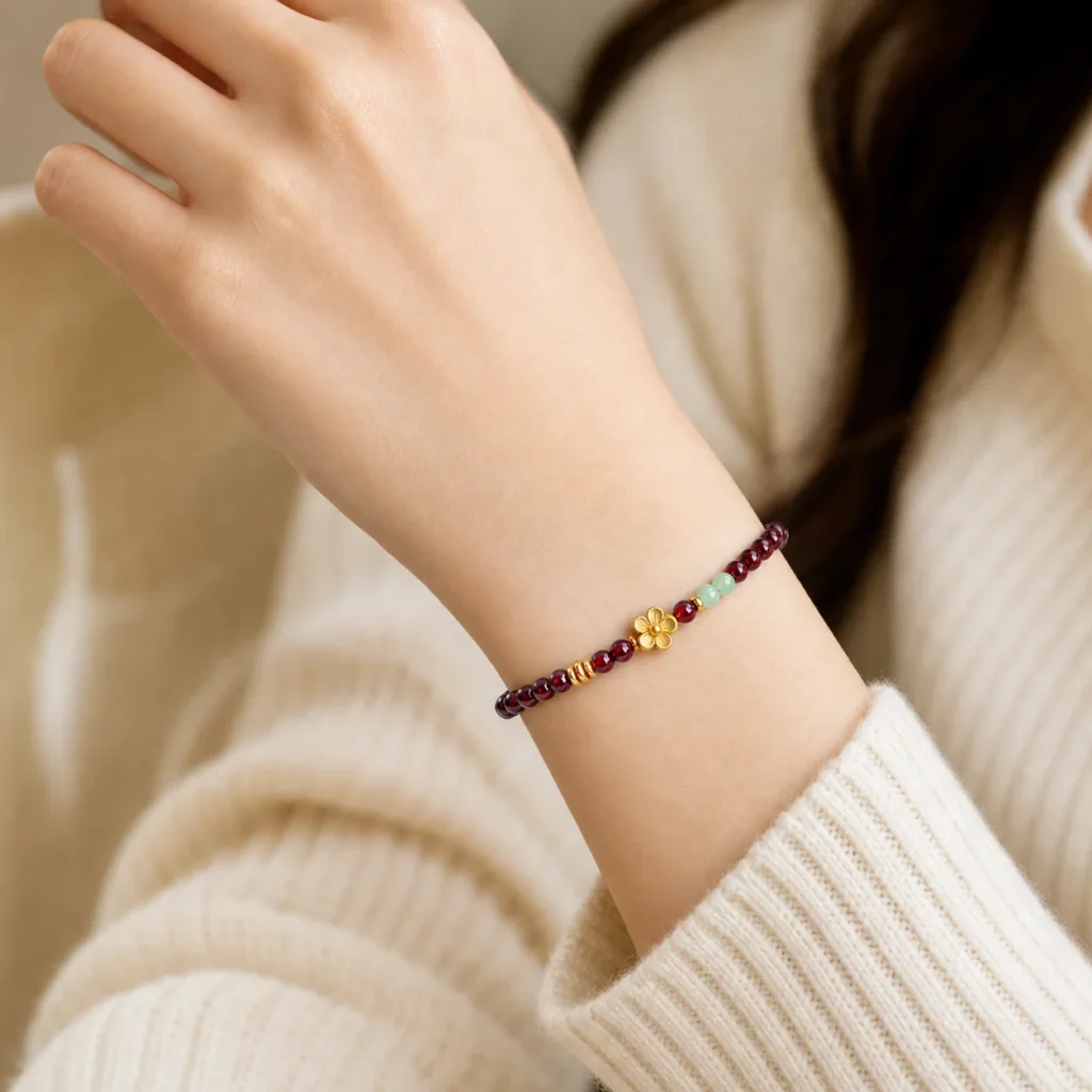Natural Garnet Beaded Bracelet for Women - Lucky Crystal Bracelet 2 natural garnet beaded bracelet women wearing view