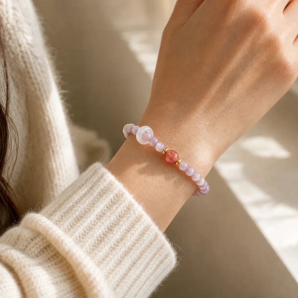 Purple Crystal Bracelet for Women - Cat Eye Agate Beaded Bracelet 2 purple crystal bracelet cat eye agate women wearing view
