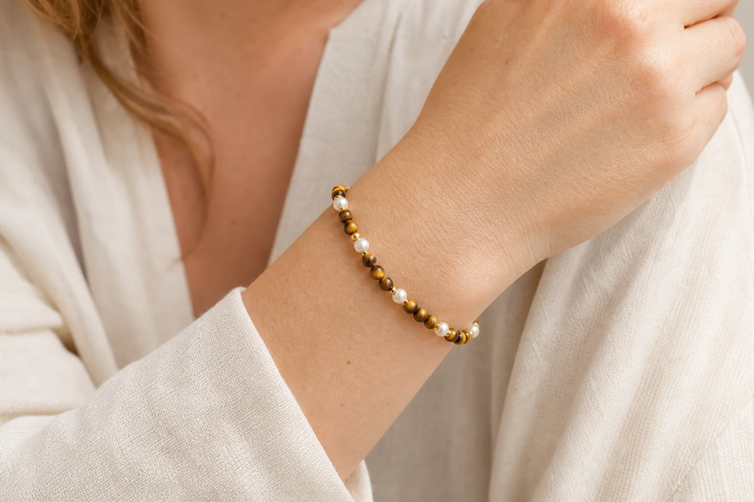Tiger Eye Bracelet for Women - Pearl Beaded Crystal Bracelet 2 tiger eye pearl bracelet women wearing view
