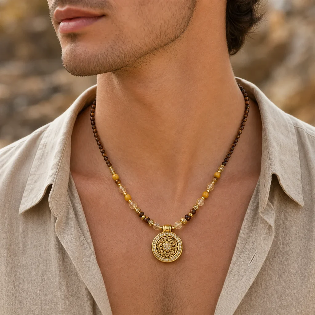 Tiger Eye Bead Necklace for Men - Rutilated Quartz Pendant 2 tiger eye bead necklace men rutilated quartz wearing view