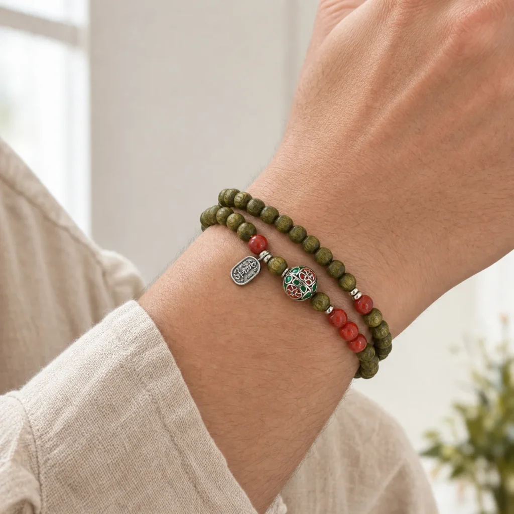 green sandalwood double wrap bracelet red agate wearing view