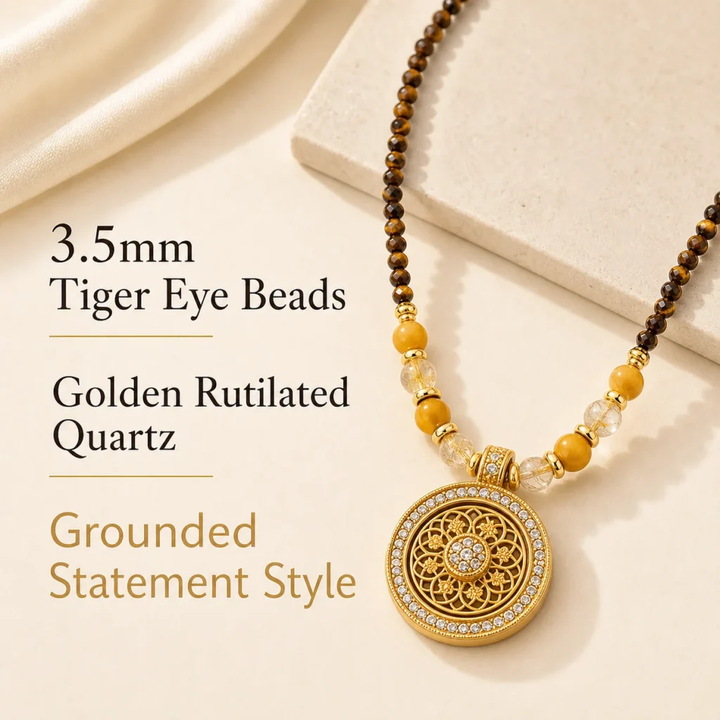 Tiger Eye Bead Necklace for Men - Rutilated Quartz Pendant 3 tiger eye bead necklace men rutilated quartz feature image