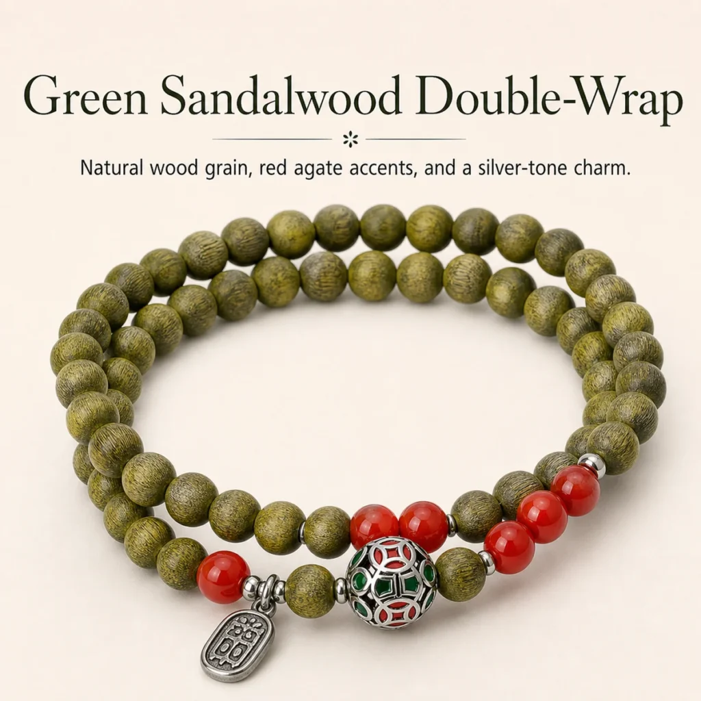green sandalwood double wrap bracelet red agate feature image