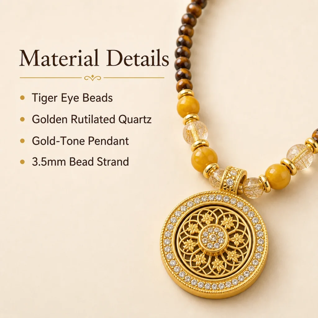 Tiger Eye Bead Necklace for Men - Rutilated Quartz Pendant 4 tiger eye bead necklace men rutilated quartz material detail image