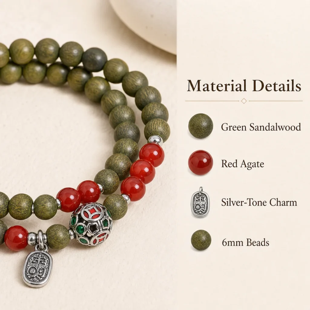 green sandalwood double wrap bracelet red agate material detail image