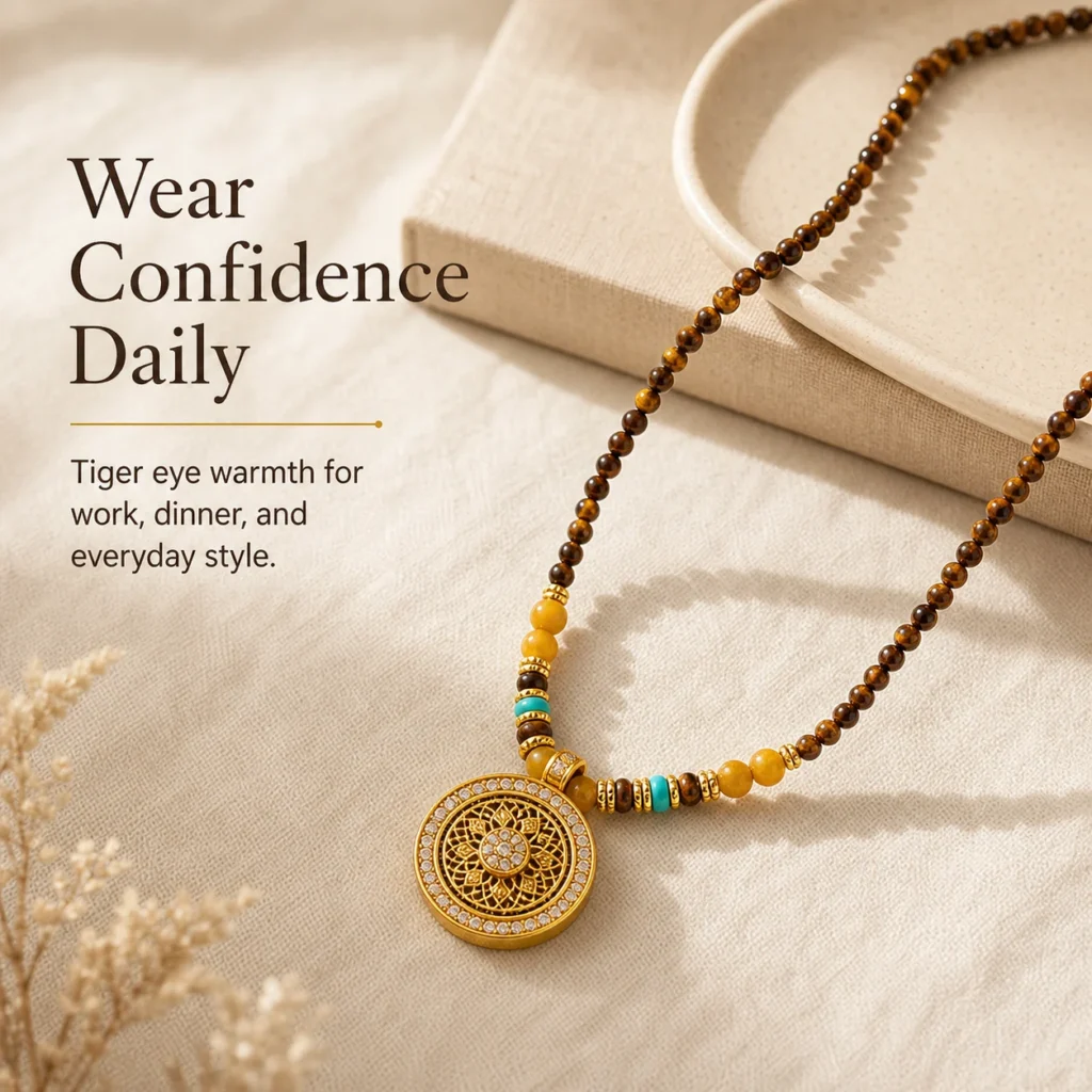 tiger eye necklace women gold pendant lifestyle still life image