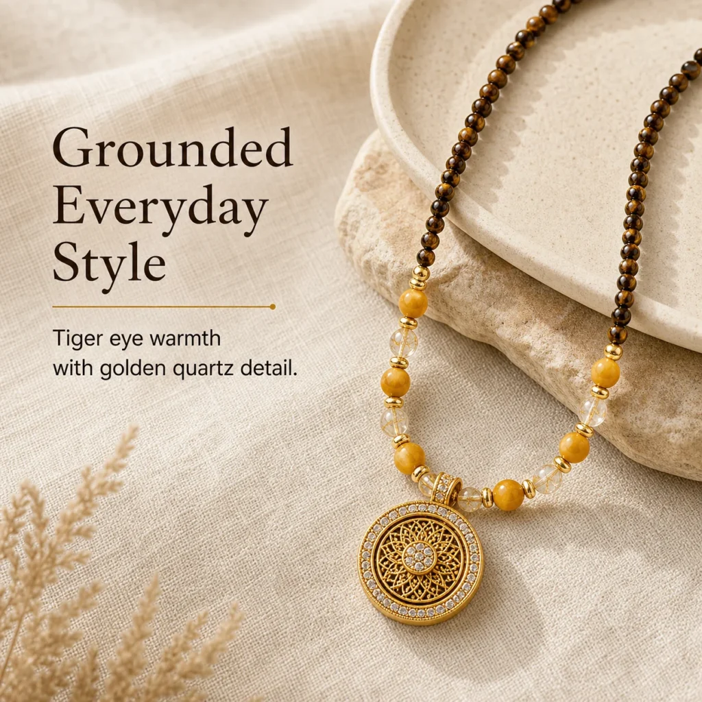 Tiger Eye Bead Necklace for Men - Rutilated Quartz Pendant 5 tiger eye bead necklace men rutilated quartz lifestyle still life image