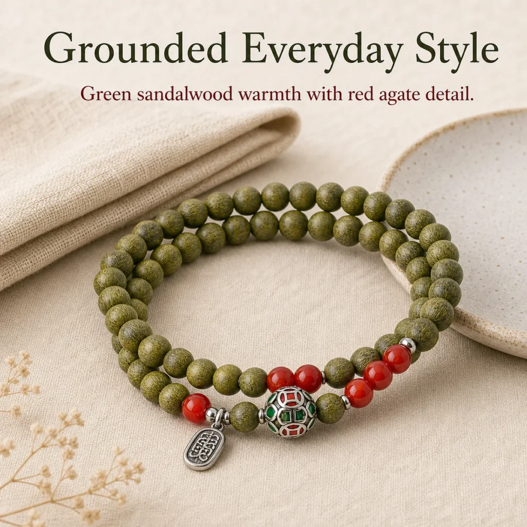 green sandalwood double wrap bracelet red agate lifestyle still life image