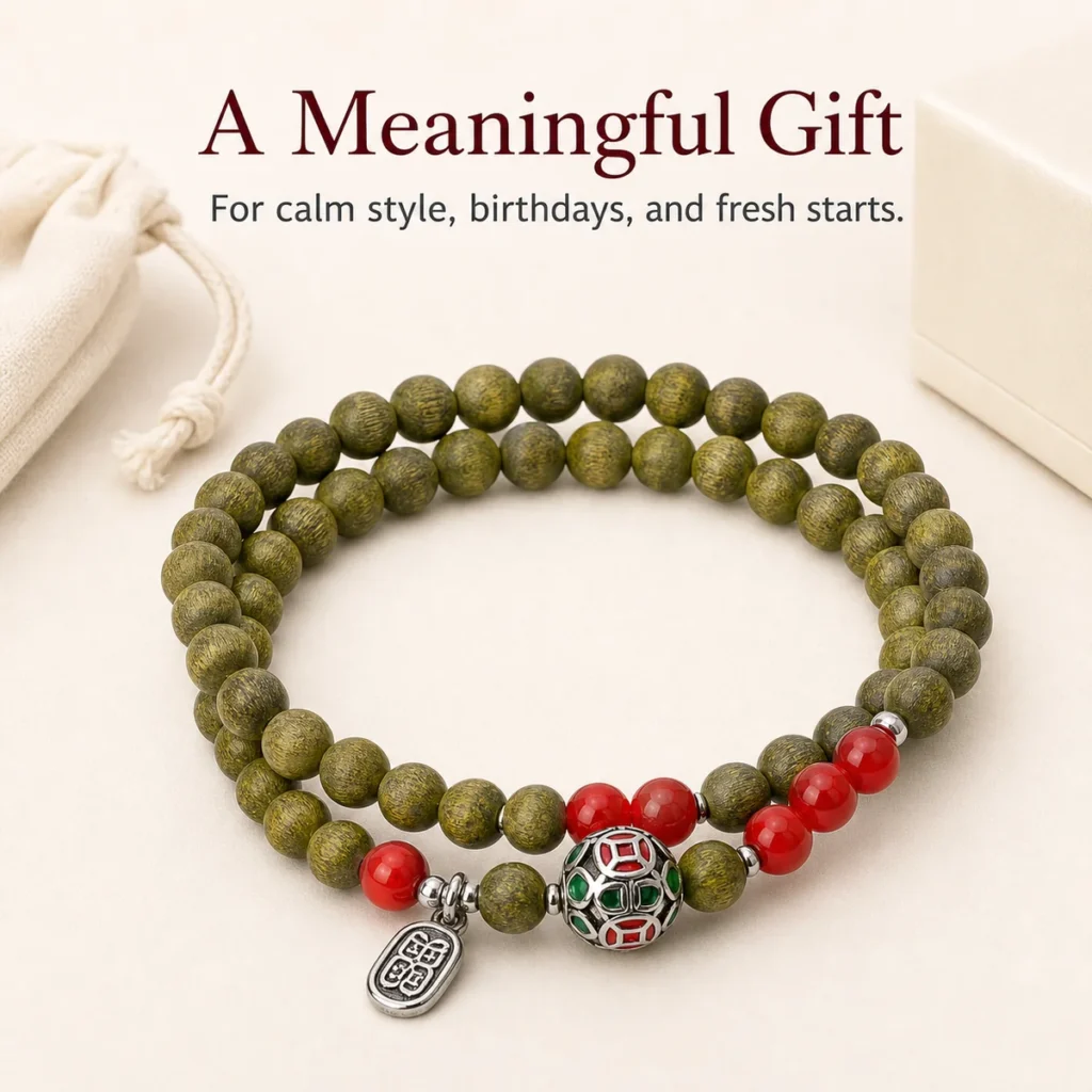 green sandalwood double wrap bracelet red agate gift ready image