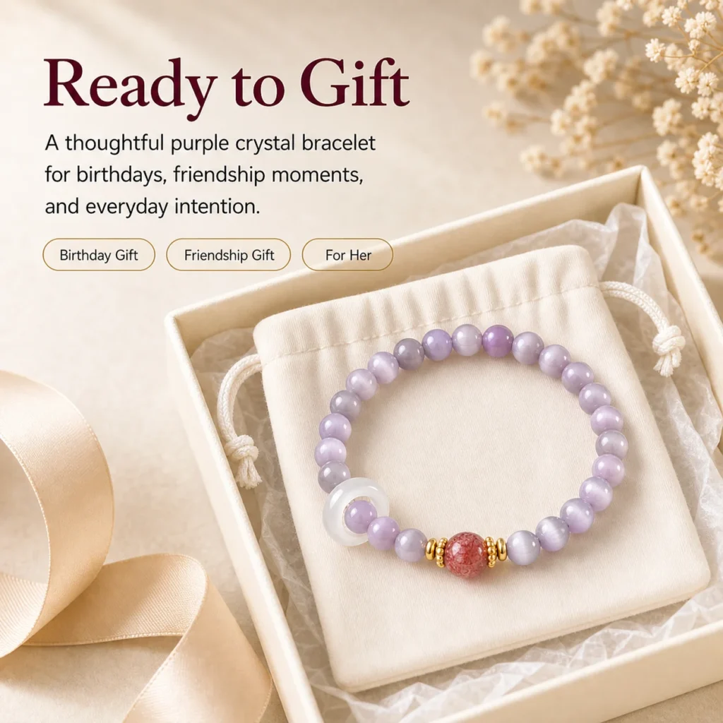Purple Crystal Bracelet for Women - Cat Eye Agate Beaded Bracelet 6 purple crystal bracelet cat eye agate women gift ready image