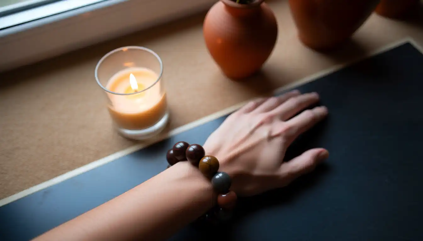 Gift Guide — Meaningful Wellness Gifts 2 Dark, grounded gift styling for him - a heavy bead bracelet on a deep surface