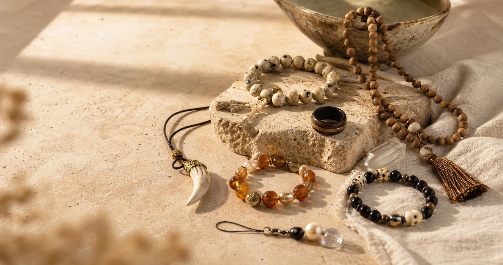 Home 1 Handcrafted natural jewelry and ritual accessories made with crystal wood pearl amber horn and bone