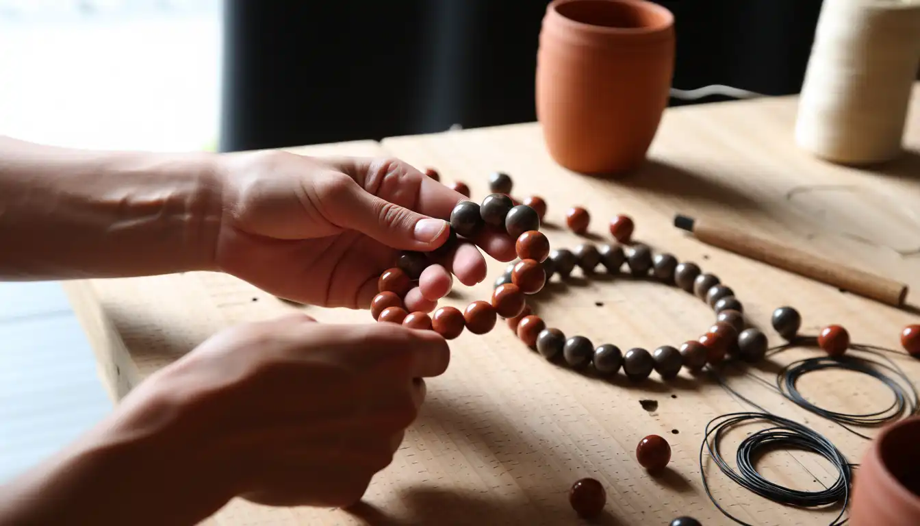 Our Story 4 Mala beads being strung by human hands