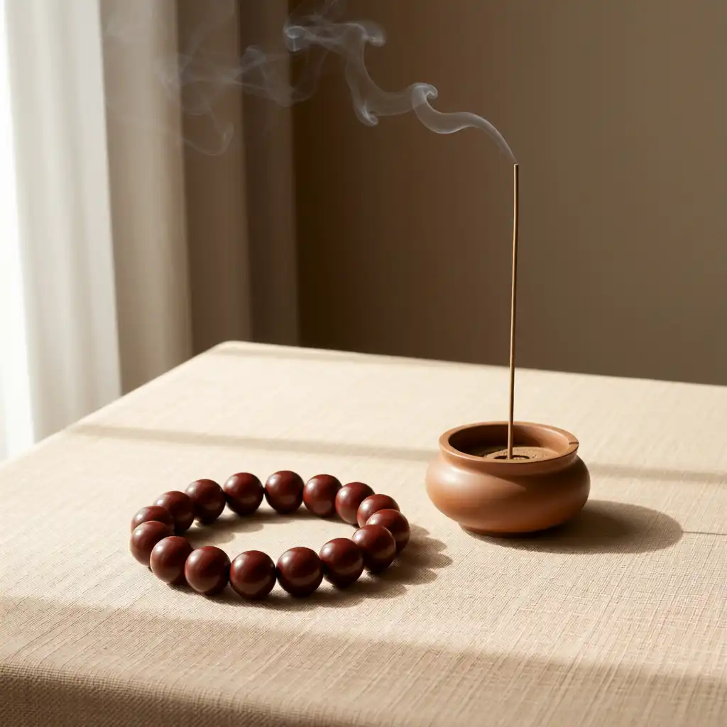 Our Story 2 A calm tabletop with incense and a bracelet