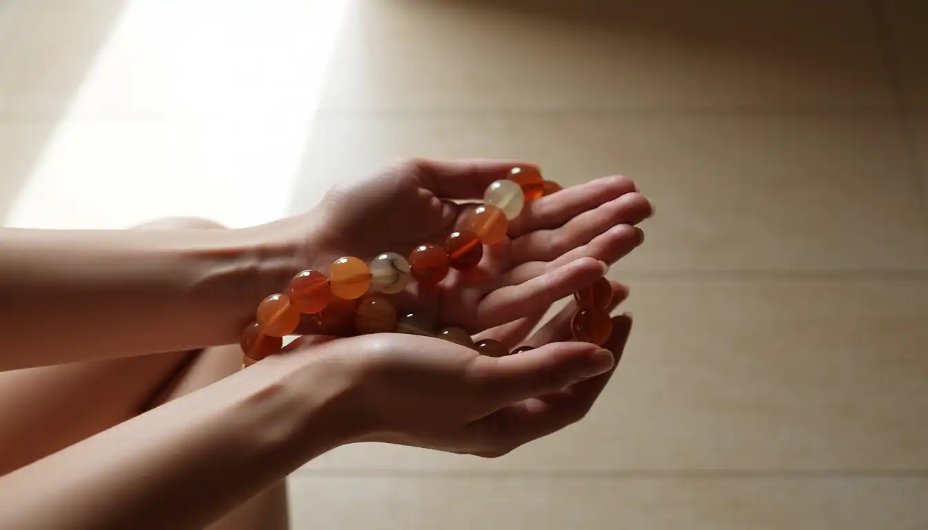 Our Story 1 Two hands holding a warm-toned stone bracelet in soft light