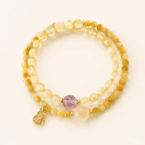 Amethyst Crystal & Gold Rutilated Quartz Bracelet for Calm & Clarity