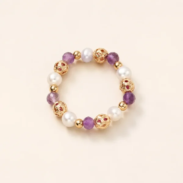 Amethyst Crystal & Pearl Ring for Calm & Clarity