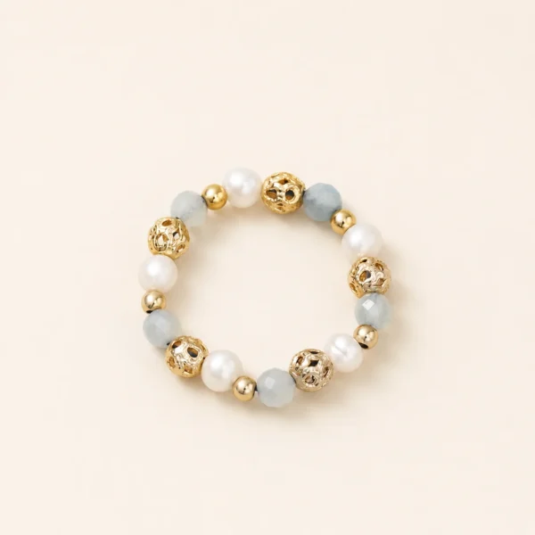 Classic Aquamarine Crystal & Pearl Ring for Calm & Courage