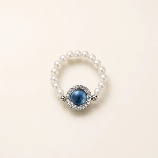 Aquamarine Crystal & Pearl Ring for Calm & Courage