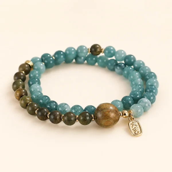 Classic Blue Chalcedony Crystal & Green Sandalwood Bracelet for Calm & Soothing