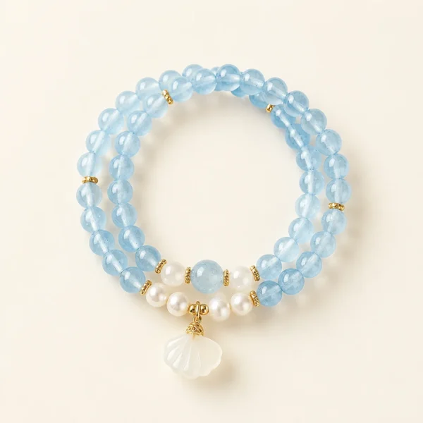 Artisan Blue Chalcedony Crystal & Pearl Bracelet for Calm & Soothing