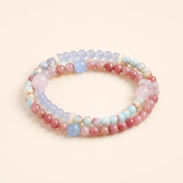 Blue Chalcedony Crystal & Rhodochrosite Bracelet for Calm & Soothing