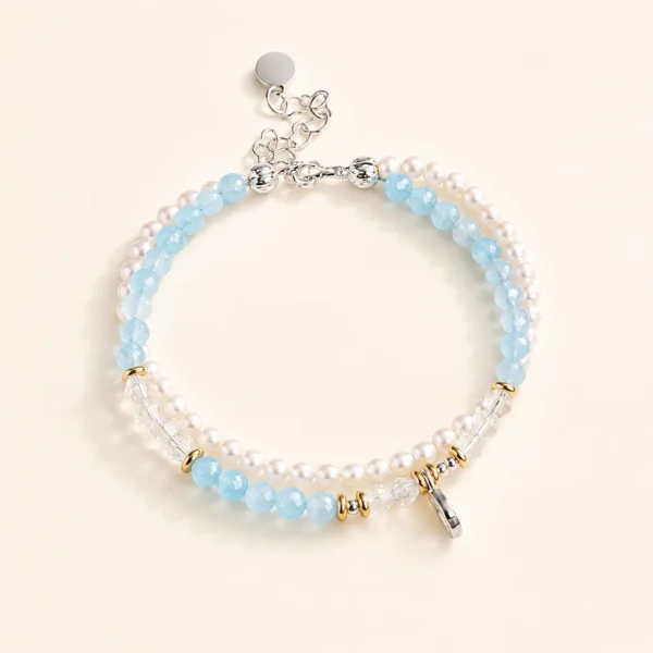 Blue Chalcedony Crystal & Pearl Bracelet for Calm & Soothing