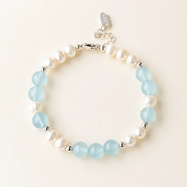 Classic Blue Chalcedony Crystal & Pearl Bracelet for Calm & Soothing