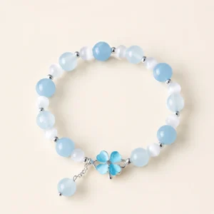 Blue Chalcedony Crystal Four-Leaf Clover Bracelet for Calm & Soothing