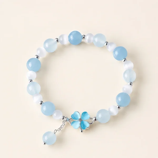 Blue Chalcedony Crystal Four-Leaf Clover Bracelet for Calm & Soothing