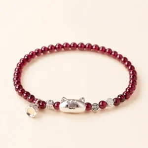 Garnet Crystal Cat Bracelet for Strength & Grounding