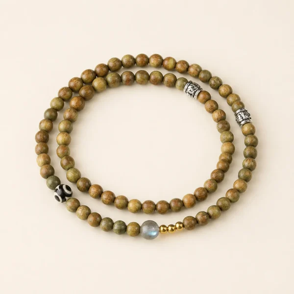 Green Sandalwood Triple-Wrap Bracelet for Calm & Cleansing