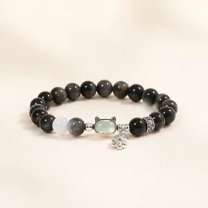 Silver Obsidian Cat Bracelet for Protection & Calm