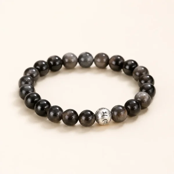 Silver Obsidian Beaded Bracelet for Protection & Calm