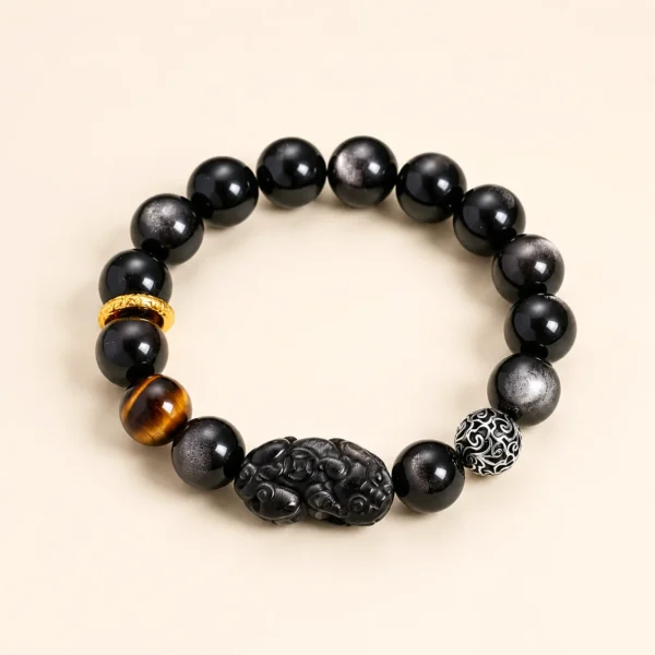 Silver Obsidian Pixiu Bracelet for Protection & Calm