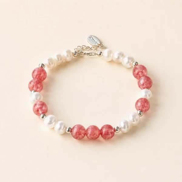 Premium Strawberry Quartz & Pearl Bracelet for Love & Joy