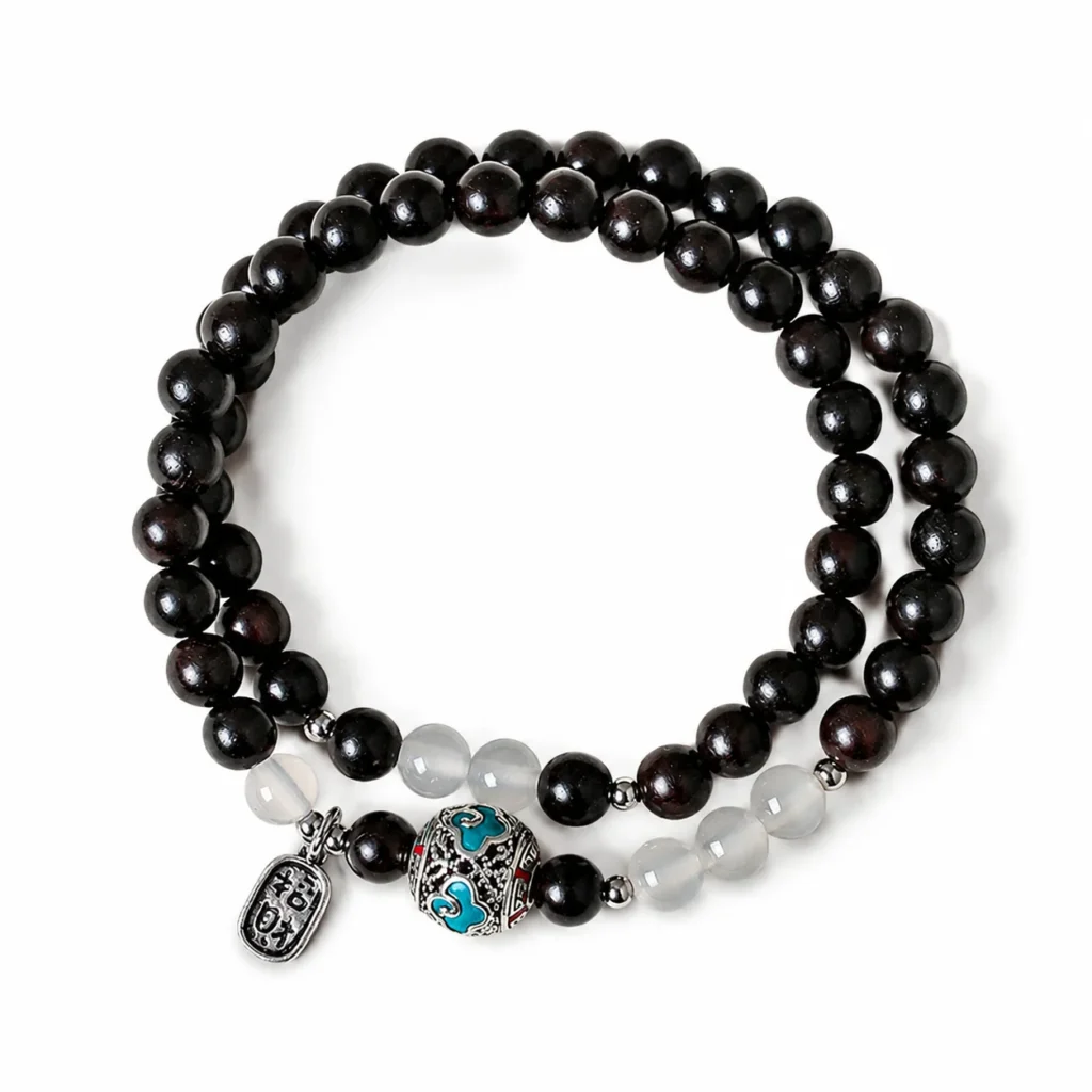Black Ebony Double-Wrap Bracelet - White Agate Accent 1 black ebony double wrap bracelet white agate on white background