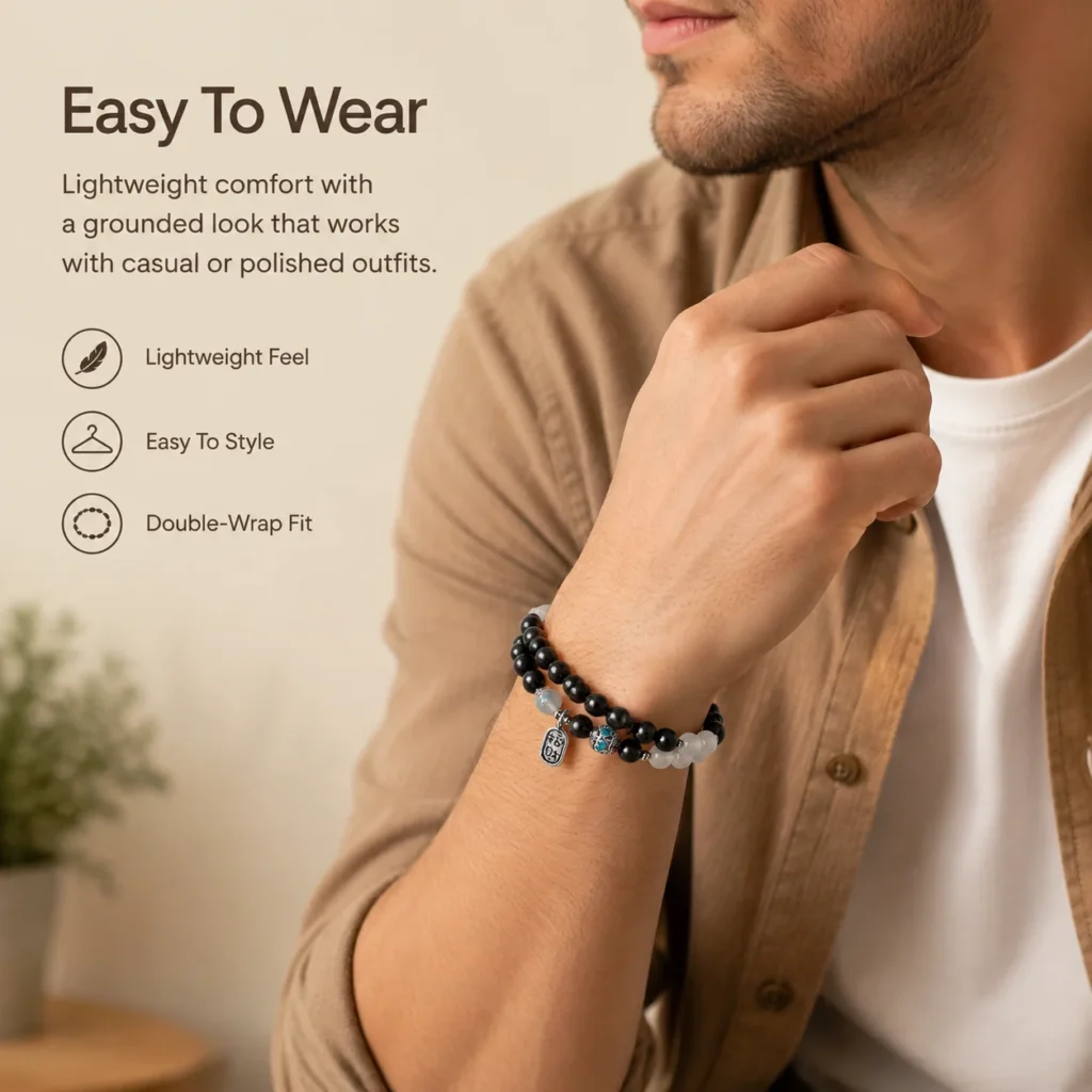 Black Ebony Double-Wrap Bracelet - White Agate Accent 2 black ebony double wrap bracelet white agate wearing view