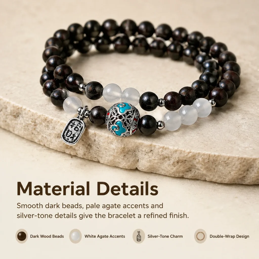Black Ebony Double-Wrap Bracelet - White Agate Accent 4 black ebony double wrap bracelet white agate material detail image
