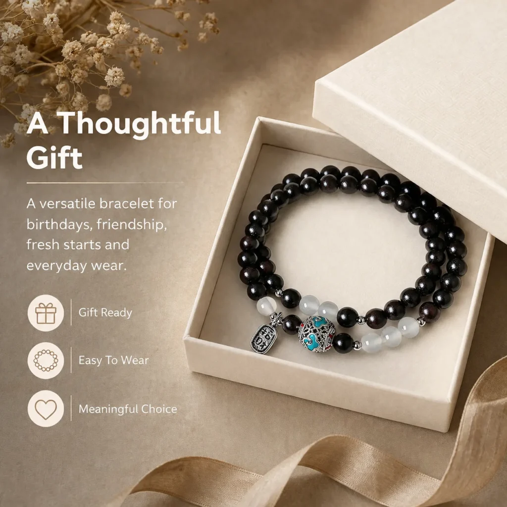 Black Ebony Double-Wrap Bracelet - White Agate Accent 6 black ebony double wrap bracelet white agate gift ready image