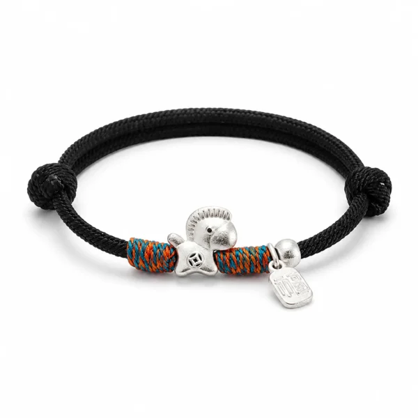 black lucky bracelet silver horse charm on white background