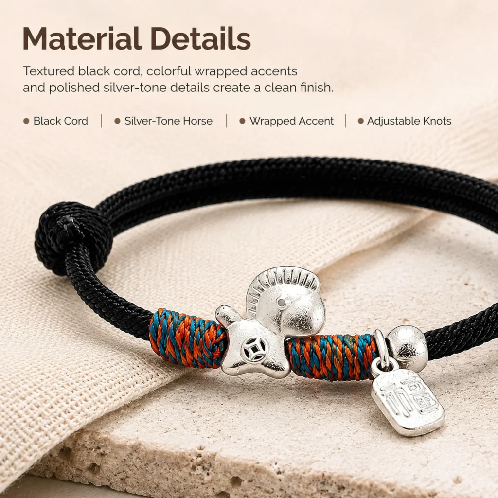 black lucky bracelet silver horse charm material detail image