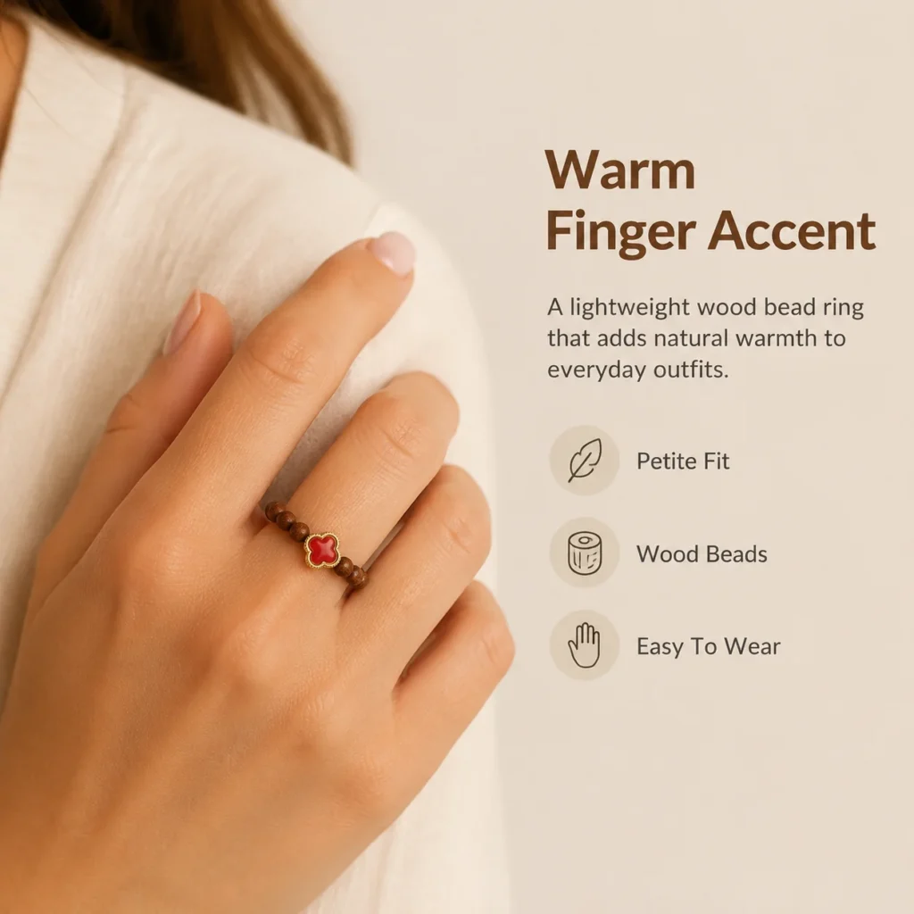 Golden Sandalwood Flower Beaded Ring 2 golden sandalwood flower beaded ring wearing view