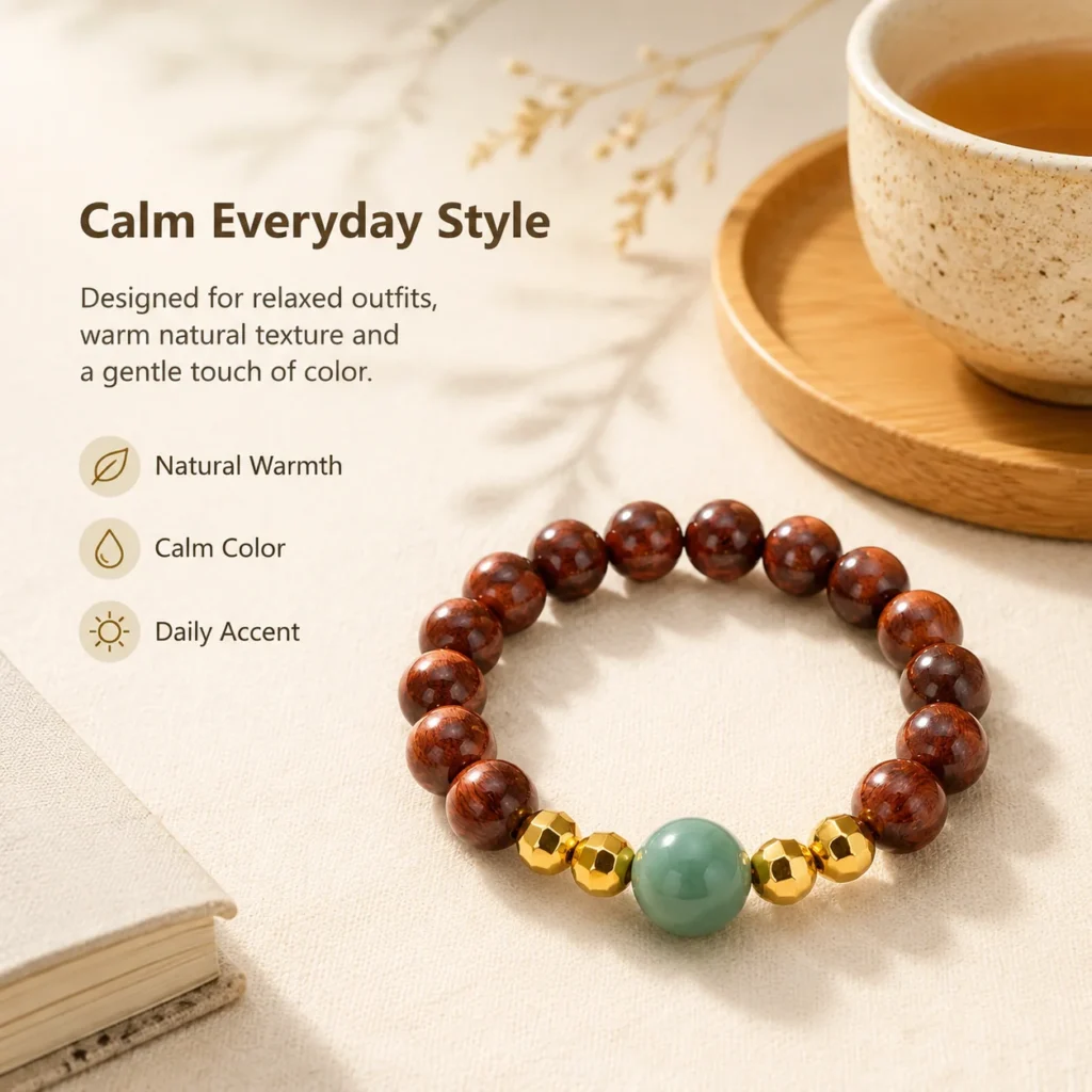 golden sandalwood jade beaded ring lifestyle still life image
