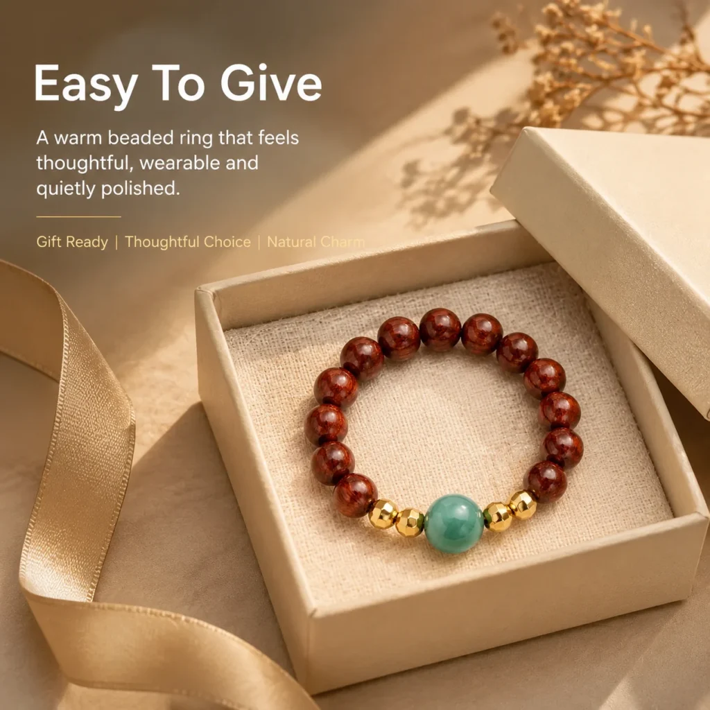 golden sandalwood jade beaded ring gift ready image