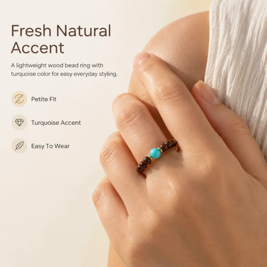 Golden Sandalwood Turquoise Beaded Ring 2 golden sandalwood turquoise beaded ring wearing view