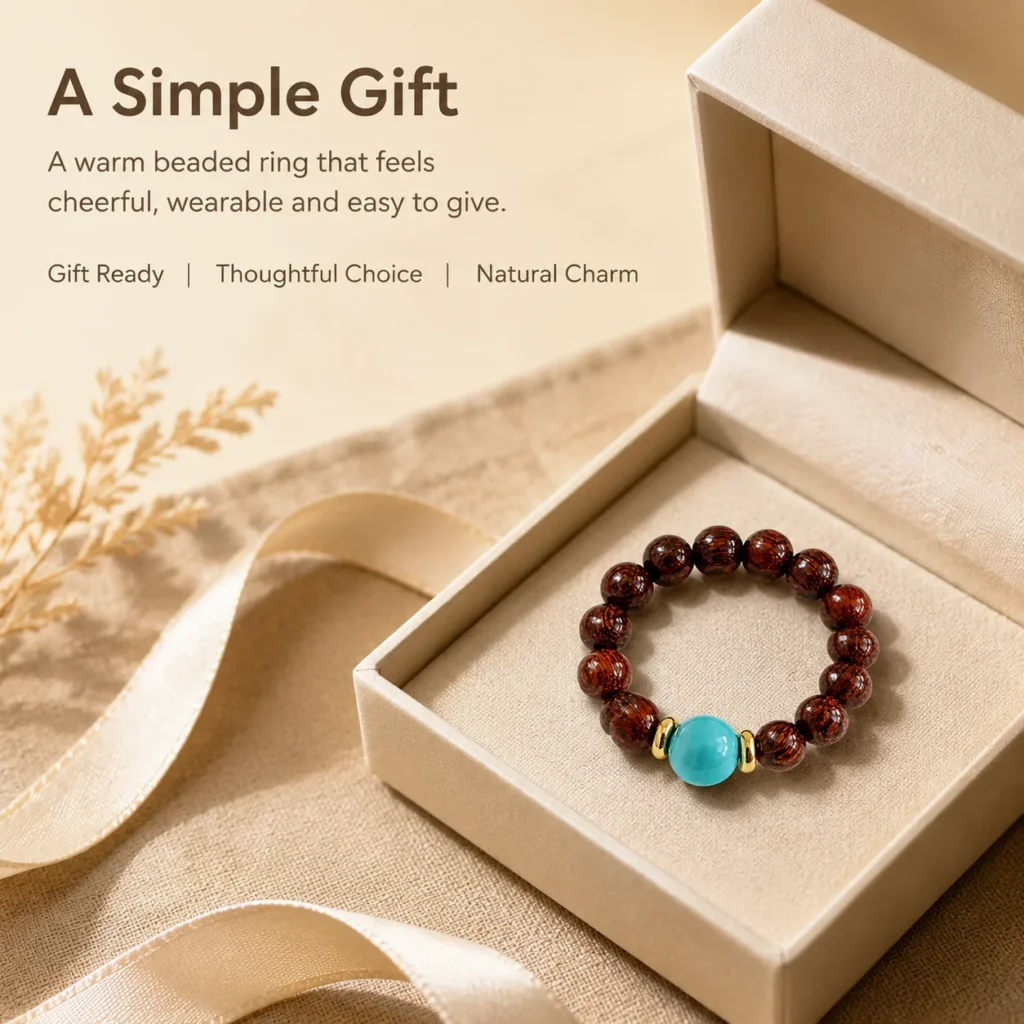 Golden Sandalwood Turquoise Beaded Ring 6 golden sandalwood turquoise beaded ring gift ready image