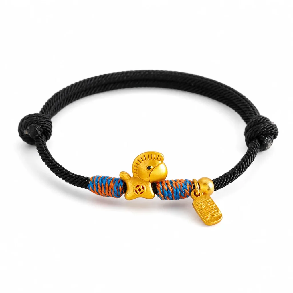 Lucky Charm Bracelet with Black String and Gold Horse 1 lucky charm bracelet black string gold horse on white background